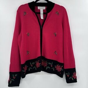 Vintage Tiara International Full Zip Christmas Poinsettia Sweater Size L‎ Red